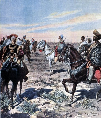 इथियोपिया में रास माकोनेन (मेकोनन वेल्डे मिकेल) (अब्बा कगन्यू) (1852-1906) के शिविर में कैप्टन मोज़ेट्टी। Beltrame का चित्रण। ला डोमिनिका डेल कोरिएरे। १८९९. द्वारा अचिल बेल्ट्रैम
