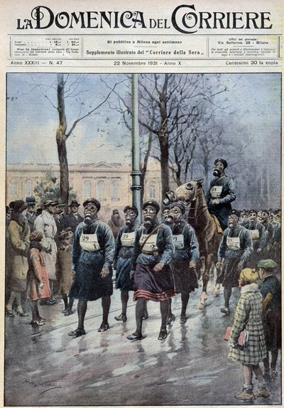 मार्च 22/11/1931 के "ला डोमेनिका डेल कोरिएरे" में ए। बेलट्राम द्वारा ड्राइंग, गैस मास्क के उपयोग में जनसंख्या का प्रयोग करने के लिए वारसॉ में आयोजित किया गया द्वारा अचिल बेल्ट्रैम
