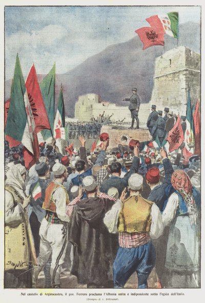 Argirocastro के महल में, जीन फेरेरो इटली के कानून के तहत एकजुट और स्वतंत्र अल्बानिया की घोषणा करता है द्वारा अचिल बेल्ट्रैम