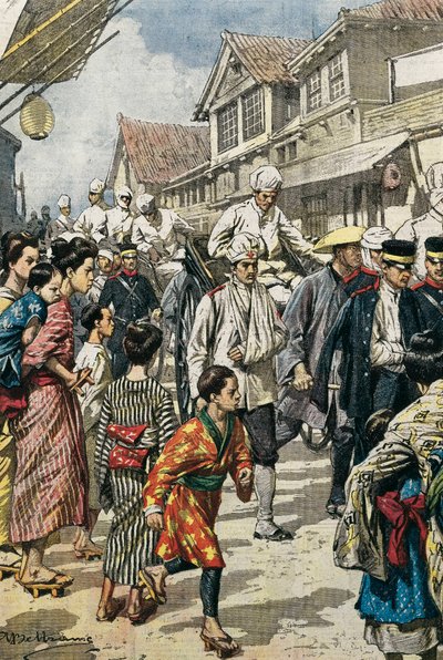 रूसी-जापानी युद्ध (1904-1905)। हां-लू (फरवरी 1904) की लड़ाई के पहले घायलों का टोक्यो आगमन। "ला डोमेनिका डेल कोरिएरे" के लिए अकिल बेल्ट्राम द्वारा चित्र। नक़्क़ाशी। द्वारा अचिल बेल्ट्रैम