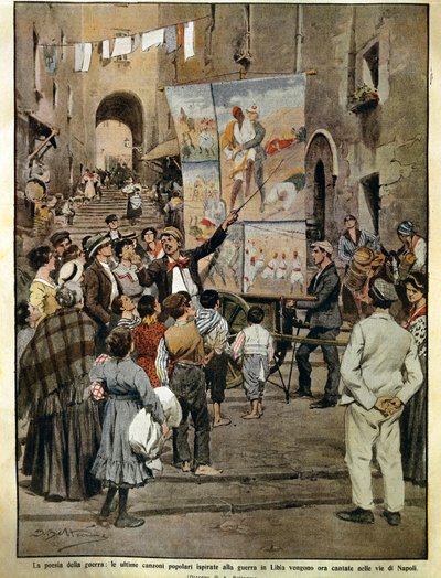 8 दिसंबर 1910 से डोमिनिका डेल कोरिएरे (इतालवी संडे अखबार), लीबिया में युद्ध से प्रेरित लोक गीत गाथागीत-गायकों द्वारा नेपल्स में गाए जा रहे हैं, अकिल बेल्ट्राम द्वारा, चित्रण द्वारा अचिल बेल्ट्रैम