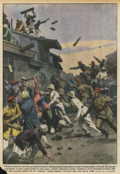 कलकत्ता के पास, एक जुआ की मांद में पुलिस द्वारा आश्चर्यचकित दो सौ खिलाड़ियों को हिंसक रूप से विद्रोही बनाया गया द्वारा अचिल बेल्ट्रैम