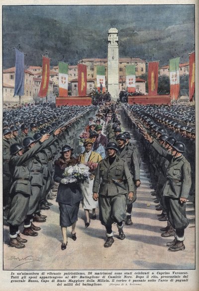 10/10/1937 के "ला डोमेनिका डेल कोरिएरे" "" के एच्लीस बेल्ट्राम द्वारा वेरोनीज़ कैप्रिनो एन वेनेटी इलस्ट्रेशन में काली शर्ट के सदस्यों का विवाह समारोह। द्वारा अचिल बेल्ट्रैम