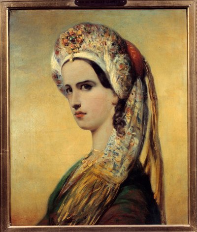 एलिज़ाबेथ फेलिक्स का पोर्ट्रेट मैडेमोसेले राचेल (1821-1858), नाटक बजाज़ेट में रोक्सेन की भूमिका में अभिनेत्री "" 1838 में जीन रैसीन द्वारा "" अकिले देवेरिया द्वारा पेंटिंग (1800-1857) 1838 पेरिस, कॉमेडी फ़्रैन्काइज़ द्वारा अकिल देवेरिया