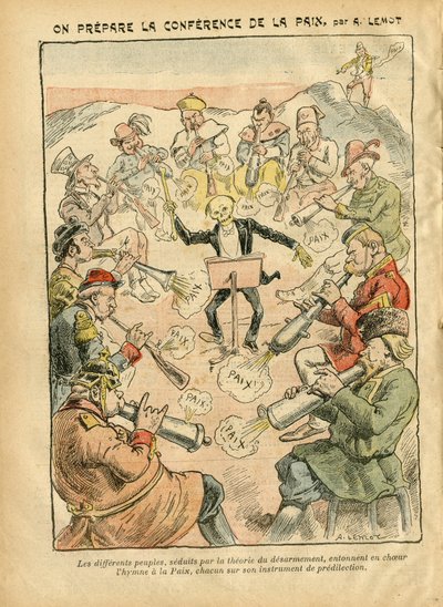 ले पेलेरिन में अकिल लेमोट (1846-1909) का चित्रण, 03/02/07 - शांति सम्मेलन की तैयारी - रूस, जर्मनी प्रशिया, एशिया, संगीत, अमेरिका यूएसए यूएसए, इंग्लैंड ग्रेट ब्रिटेन, पूर्व, यूरोप, इटली, चीन, कैनन , गोले, शांति, नृत्य, फ्रांस, निरस्त्रीकरण द्वारा अकिल लिमोट