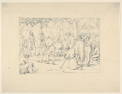 1861-63 के कन्फेडरेट वॉर एचिंग्स से स्टोनवेल जैक्सन के शिविर में प्रार्थना। द्वारा एडलबर्ट जॉन वोल्क