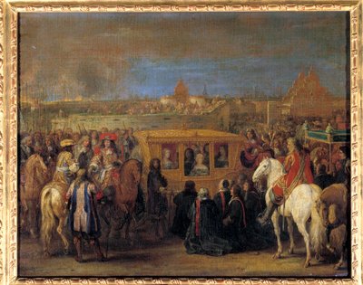 23/08/1667 को राजा लुई XIV (1638-1715) और ऑस्ट्रिया की रानी मैरी-थेरेसे की डौई में गंभीर प्रविष्टि (अपनी गाड़ी में रानी को शहर के डिंगिन की श्रद्धांजलि उनके अधिपति के रूप में प्राप्त होती है) एडम फ्रैंस वैन द्वारा पेंटिंग डेर मेलेन (1632-1690)। लगभग १६६७ द्वारा एडम फ्रैंस वैन डेर म्यूलन