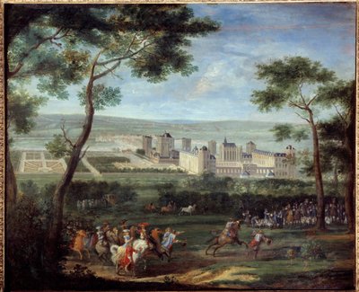 1660 के आसपास विन्सेनेस के महल का दृश्य: फ्रांस के राजा लुई XIV (1638-1715) और ऑस्ट्रिया के मैरी-थेरेसी (1638-1683) एडम वान डेर मेलेन (1632-1690) 1660 डिम द्वारा अग्रभूमि में हैं। १,१० x १,३५ मीटर पेरिस, मुसी कार्नावाले द्वारा एडम फ्रैंस वैन डेर म्यूलन