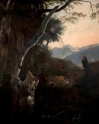 किसानों, गायों और बकरियों के साथ पहाड़ी लैंडस्केप द्वारा एडम पाइनकर