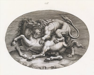 रोमन भव्यता का दर्पण: एक घोड़े पर हमला करने वाला शेर, c1540-80। द्वारा अदमो स्कल्तोरी