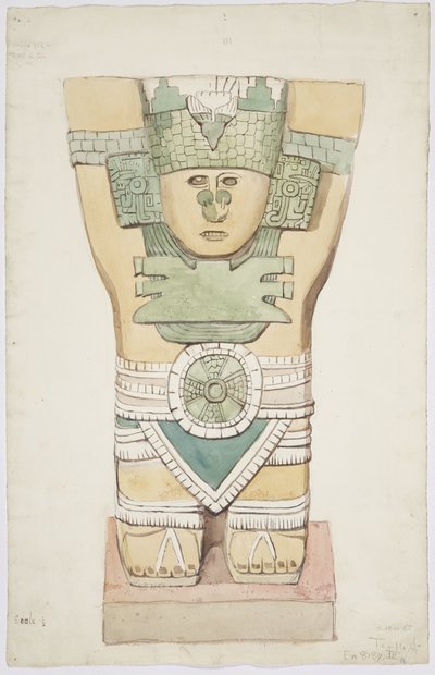 Caryatid III, बाहरी कक्ष, जगुआर का ऊपरी मंदिर (मंदिर ए), चिचेन इट्ज़ा, मेक्सिको (जल रंग) द्वारा एडेला ब्रेटन