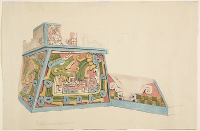 Xochicalco, मेक्सिको से एक पत्थर राहत की पेंटिंग निचली छत के पश्चिम की ओर उत्तरी छोर वॉटरकलर (वाटरकलर) द्वारा एडेला ब्रेटन