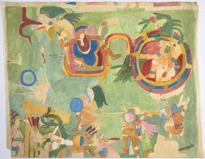 भीतरी कक्ष, जगुआर के ऊपरी मंदिर, दक्षिण की दीवार, ग्रेट बॉल कोर्ट, चिचेन इट्ज़ा, मैक्सिको से एक दीवार पेंटिंग का पता लगाना (जल रंग और शरीर के रंग) द्वारा एडेला ब्रेटन