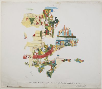 कासा डी मोंजास, चिचेन इट्ज़ा, युकाटन, मैक्सिको (जल रंग) में एक बड़े कक्ष में एक तिजोरी से दीवार पेंटिंग द्वारा एडेला ब्रेटन