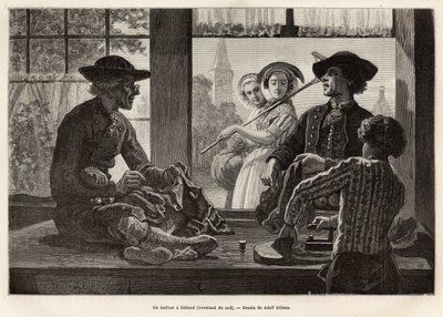 एक दर्जी और उसका प्रशिक्षु, रिलैंड (दक्षिण बेवलैंड) में, सड़क के राहगीरों के प्रकाश और तमाशे का आनंद लेने के लिए खिड़की के किनारे पर काम करते हुए, एडॉल्फ डिलेंस द्वारा ड्राइंग के बाद उत्कीर्ण, ज़ेलैंड की यात्रा का चित्रण ( नीरलैंड), आई द्वारा एडोल्फ अलेक्जेंडर डिलेंस