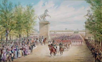 ज़ार अलेक्जेंडर I (1777-1825) 1814 में पेरिस में अपनी सेना के साथ चैंप्स एलिसीज़ पर चढ़ गया। एडॉल्फ शारलेमेन द्वारा पेंटिंग (1827-1901) द्वारा एडॉल्फ जोसिफॉविट्श शारलेमेन