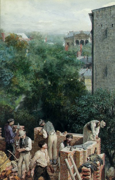 एक बिल्डिंग साइट पर Bricklayers, 1875 द्वारा एडॉल्फ मेंजेल