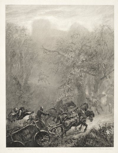 ब्रश और खुरचनी के साथ पत्थर पर निबंध: 1851 में एक जंगल के माध्यम से कैदियों का काफिला। द्वारा एडॉल्फ मेंजेल