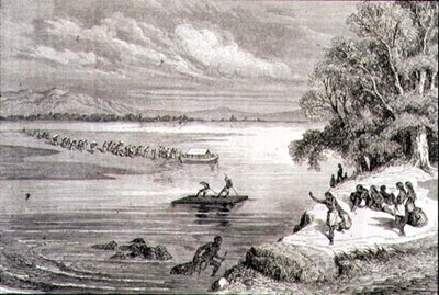 1860 के दशक में कोलोराडो नदी को पार करना (उत्कीर्णन) द्वारा आदोलपे गुसमान