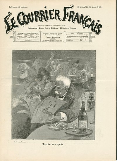 "" Le Courrier francais "" का कवर, नंबर 43, B & W . में व्यंग्य द्वारा एडोल्फ लियोन विलेट
