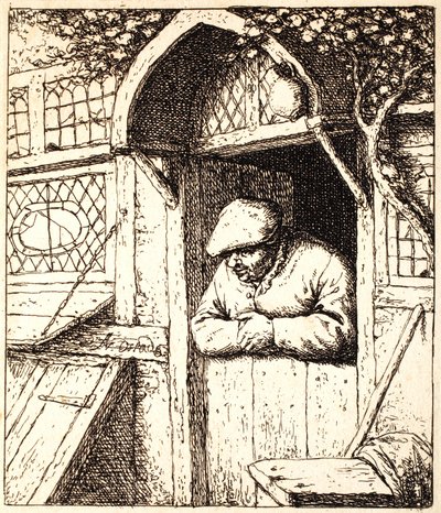 मैन डेजिंग ऑन हिज डोर, c.1672 (नक़्क़ाशी) द्वारा एड्रिएन जंज़। वैन ओस्टेड