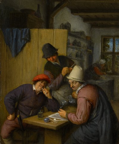 1666-67 में एक सराय में तीन पीने और धूम्रपान करने वाले किसान द्वारा एड्रिएन जंज़। वैन ओस्टेड