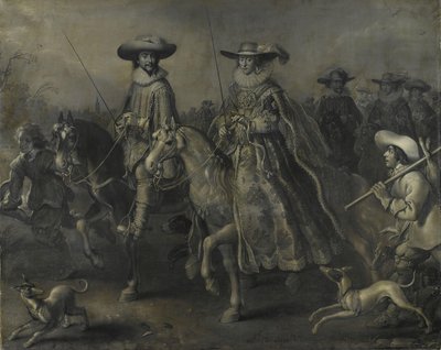फ्रेडरिक पंचम (1596-1632), पैलेटिनेट के निर्वाचक, बोहेमिया के राजा, और उनकी पत्नी एलिजाबेथ स्टुअर्ट (1596-1662) घोड़े पर सवार द्वारा Adriaen Pietersz van de Venne
