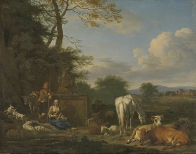 आराम करने वाले चरवाहों और जानवरों के साथ अर्काडियन लैंडस्केप, 1664 (पैनल पर कैनवास पर तेल) द्वारा एड्रिएन वैन डे वेलडे