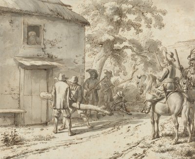 सैनिक एक दरवाजे को बल देते हैं, 1669 (कलम और स्याही ड्राइंग) द्वारा एड्रिएन वैन डे वेलडे