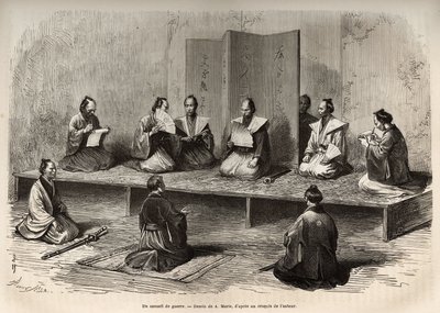 ईदो (वर्तमान टोक्यो) में एक युद्ध परिषद, जो मेइजी बहाली (1868) से ठीक पहले डेमियोस (या डेम्योस: जापानी बड़प्पन) के विद्रोह का सामना करने के लिए ताइकॉन (अस्थायी शक्ति के प्रमुख) के अधिकारियों को एक साथ लाती है, उत्कीर्णन ए मैरी के बाद द्वारा एड्रिएन इमैनुएल मैरी