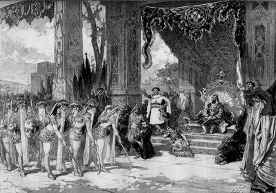 नाट्य प्रतिनिधित्व: जूल्स वर्ने (1828-1905) और एडोल्फ डी'नेरी (डेनेरी) (1811-1899) द्वारा "" मिशेल स्ट्रोगॉफ ""। 9वीं पेंटिंग: अमीर और तातार पार्टी का शिविर, अमीर के लिए अमेज़ॅन का उद्धार। डेकोर डे चेरेट। पेरिस, थिएटर डु चाओ द्वारा एड्रिएन इमैनुएल मैरी