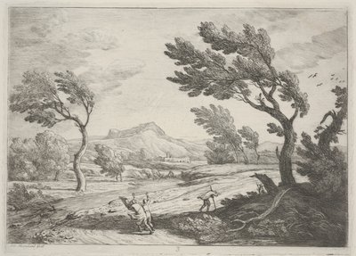 एक उच्च हवा में यात्रियों के साथ लैंडस्केप, c.1753 (नक़्क़ाशी) द्वारा एड्रियन मंगलार्ड