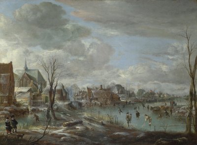 गोल्फर्स और स्केटर्स के साथ एक गांव के पास जमी हुई नदी, c. 1647-1648 द्वारा एर्ट वैन डेर नीर