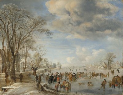 हॉलैंड में सर्दी: स्केटिंग दृश्य, 1645। द्वारा Aert van der Neer