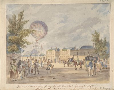 लॉर्ड्स क्रिकेट ग्राउंड के प्रवेश द्वार के पास गुब्बारा चढ़ना, 1839, ca. 1839 द्वारा रॉबर्ट ब्रेमेल श्नेबेली के बाद।
