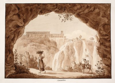 टिवोली, 1833 में झरने (भूरे रंग के धुएँ के साथ) द्वारा एगोस्टिनो टोफ़ानेलि