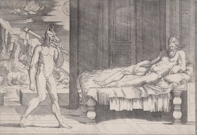 लाइकॉन ट्रांसफ़ॉर्म्ड इनटू ए वुल्फ़, दिनांक 1524. द्वारा एगोस्टिनो वेनेज़ियानो