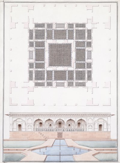 डीग में सूरज भवन के दक्षिण सामने और गार्डन पैलेस की ऊँचाई, c.1830 (पेंसिल, पेन और ग्रे स्याही और वॉटरकलर) द्वारा आगरा स्कूल