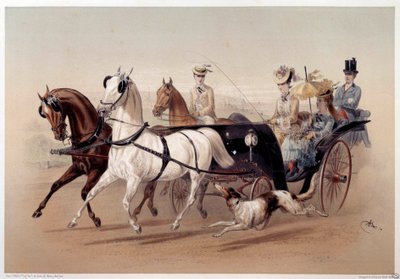 एक विक्टोरिया कार और टार्ब्स के घोड़े अल्बर्ट एडम (1833-?) द्वारा 19वीं सदी के पेरिस, मुसी कार्नावलेट द्वारा मुद्रित द्वारा अल्बर्ट एडम