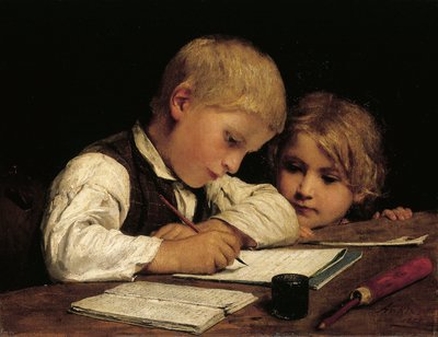1875 में अपनी बहन के साथ लड़का लेखन द्वारा Albert Anker