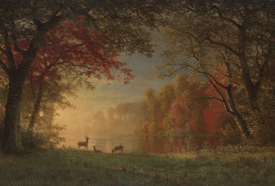 भारतीय सूर्यास्त: एक झील द्वारा हिरण, c.1880-90 द्वारा Albert Bierstadt
