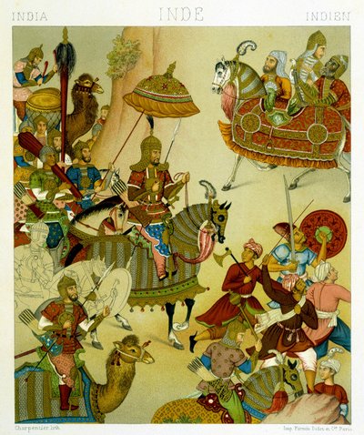 भारत में 16वीं सदी के युद्ध सूट। क्रोमोलिथोग्राफिक प्लेट - रैसिनेट द्वारा "" ले कॉस्ट्यूम हिस्टोरिक "" में द्वारा अल्बर्ट चार्ल्स अगस्त रेसिनेट