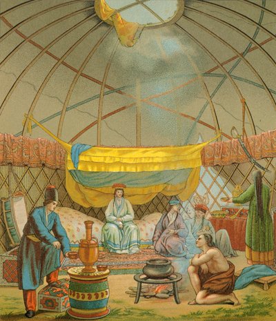 एक कलमीक, एक कलमुक तम्बू, रैसिनेट अगस्टे द्वारा संपूर्ण पोशाक इतिहास से चित्रण द्वारा अल्बर्ट चार्ल्स अगस्त रेसिनेट