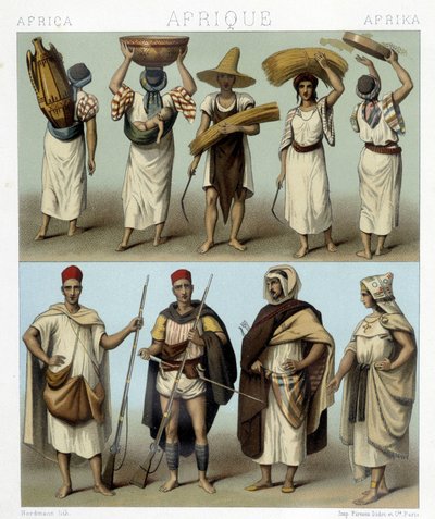अल्जीरिया और ट्यूनीशिया की वेशभूषा। रैसिनेट द्वारा "ले कॉस्ट्यूम हिस्टोरिक" में चित्रण द्वारा अल्बर्ट चार्ल्स अगस्त रेसिनेट