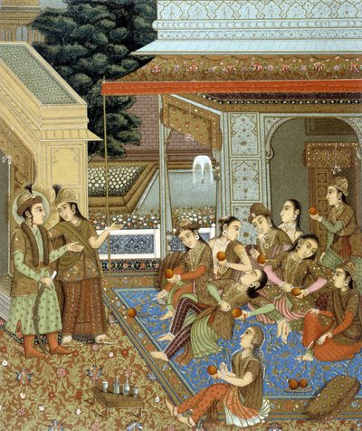 भारत में कई महिलाओं के साथ एक घर का इंटीरियर - "" ऐतिहासिक पोशाक "" में Racinet . द्वारा द्वारा अल्बर्ट चार्ल्स अगस्त रेसिनेट