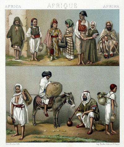 अल्जीरिया और ट्यूनीशिया से लोकप्रिय परिधान। रैसिनेटा द्वारा "" ले कॉस्ट्यूम हिस्टोरिक "" में चित्रण द्वारा अल्बर्ट चार्ल्स अगस्त रेसिनेट
