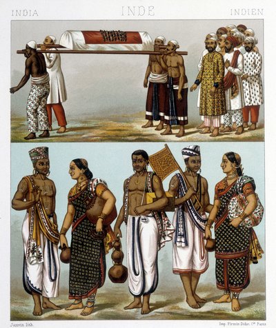 भारत में रहने वाले मुसलमानों (तस्वीर के ऊपर) और हिंदुओं (नीचे) की पारंपरिक वेशभूषा। रैसिनेटा द्वारा "" ले कॉस्ट्यूम हिस्टोरिक "" में चित्रण द्वारा अल्बर्ट चार्ल्स अगस्त रेसिनेट