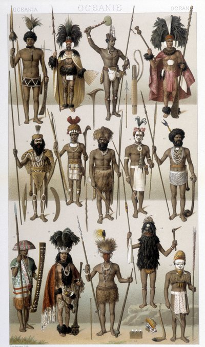 ओशिनिया के स्वदेशी लोगों की पारंपरिक वेशभूषा। रैसिनेटा द्वारा "" ले कॉस्ट्यूम हिस्टोरिक "" में चित्रण द्वारा अल्बर्ट चार्ल्स अगस्त रेसिनेट