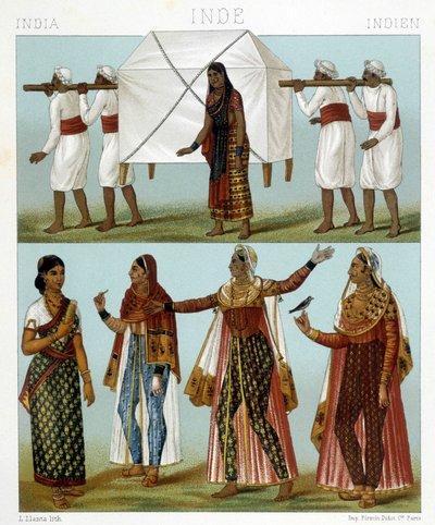 परिवहन और पारंपरिक स्त्री परिधान। रैसिनेटा द्वारा "" ले कॉस्ट्यूम हिस्टोरिक "" में चित्रण द्वारा अल्बर्ट चार्ल्स अगस्त रेसिनेट