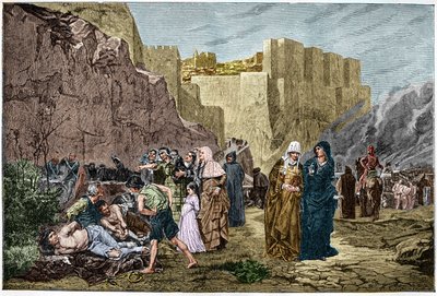 Albigensian Crusade - कैदियों का अपमान - - 1211 में Albigeers के खिलाफ धर्मयुद्ध। अल्बर्ट मेगनन की पेंटिंग के बाद उत्कीर्णन कैदियों का अपमान द्वारा अल्बर्ट पियरे रेने (बाद) मगनन